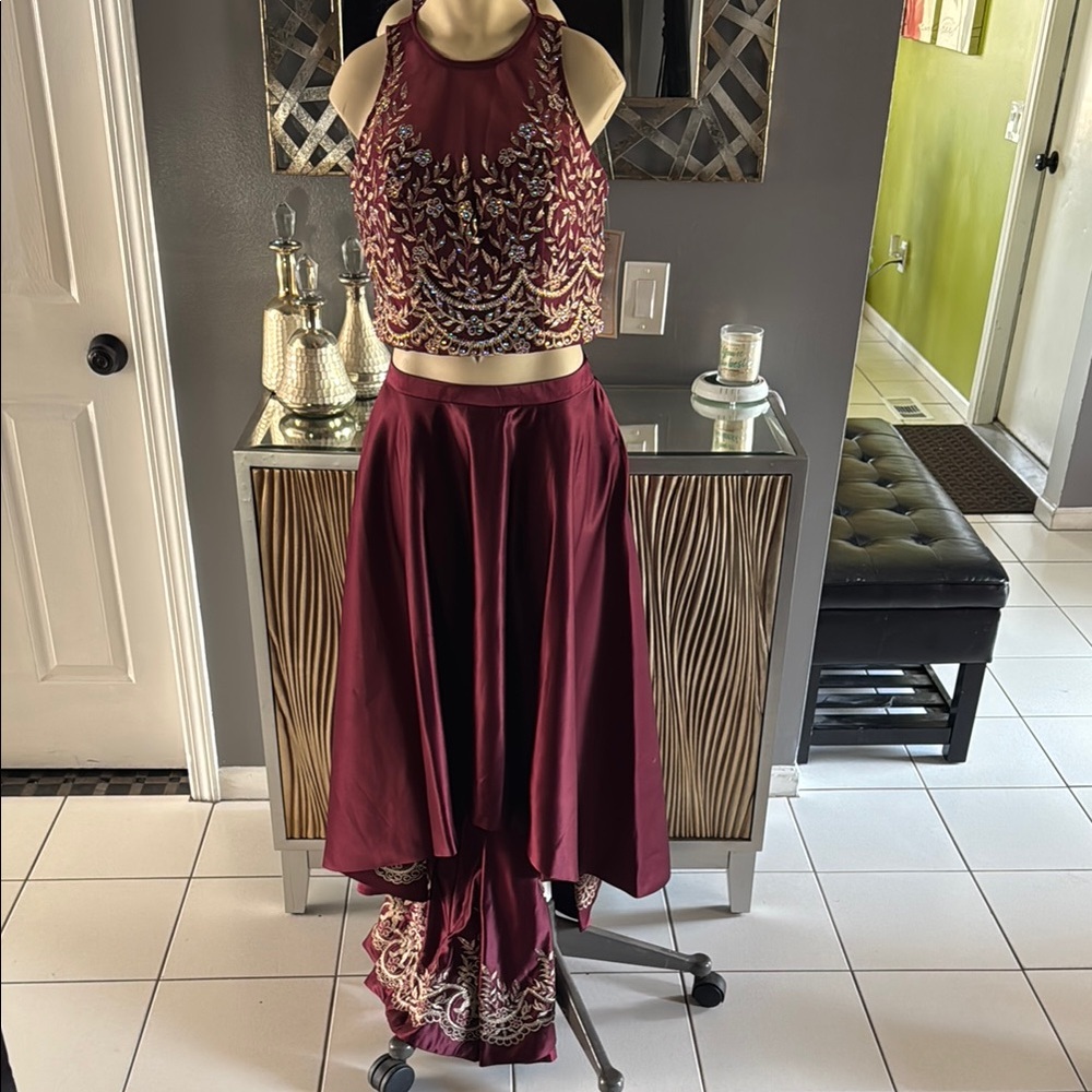 Dave and Johnny Elegant Maroon Embroidered Halter Top and Skirt Set